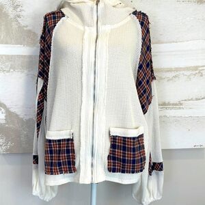 POL White/Blue/Orange Plaid Waffle Knit Full Zip-up Long Sleeve SHACKET